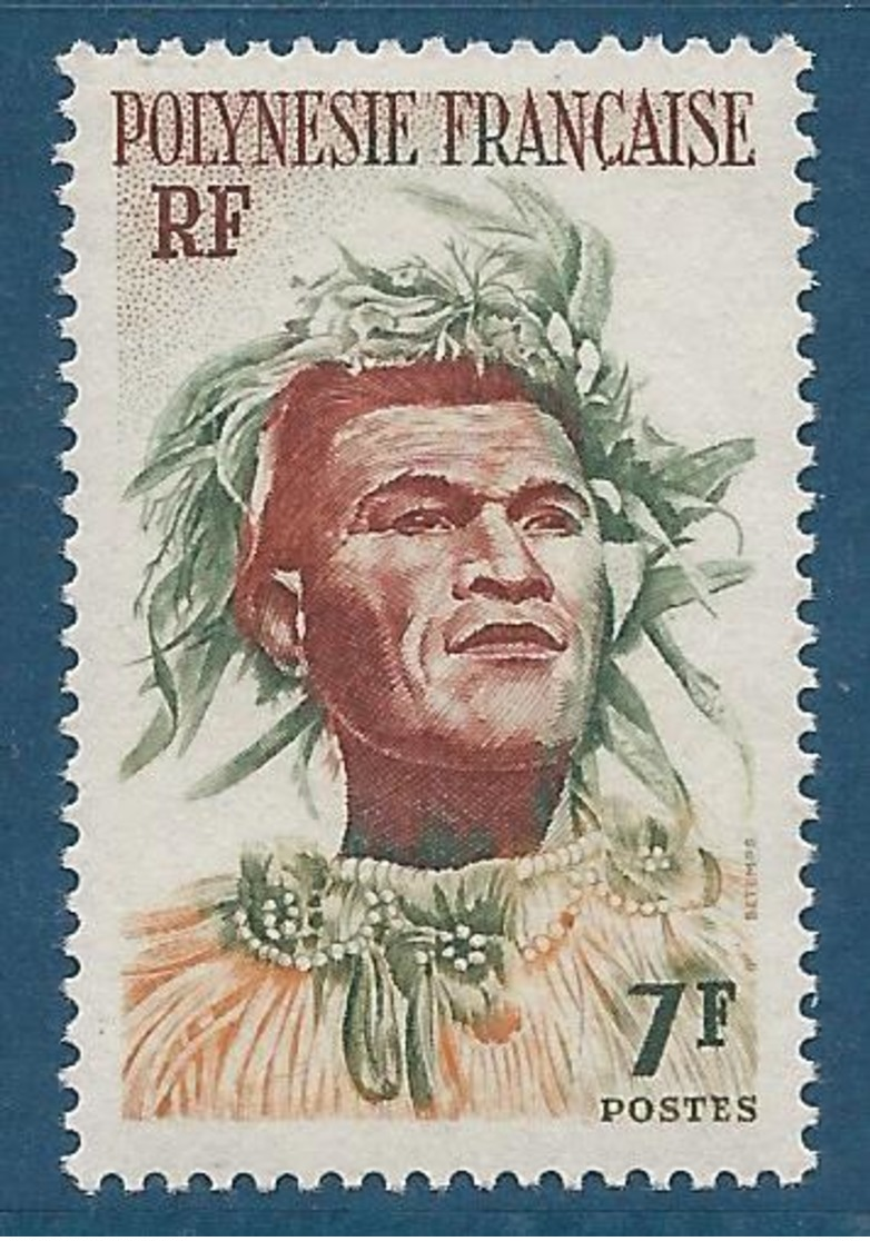 POLYNESIE 1958-60 - YT N°7 - 7 F. Vert-jaune, Rouge-brique Et Orange - Indigène - Neuf** - TTB Etat - Unused Stamps