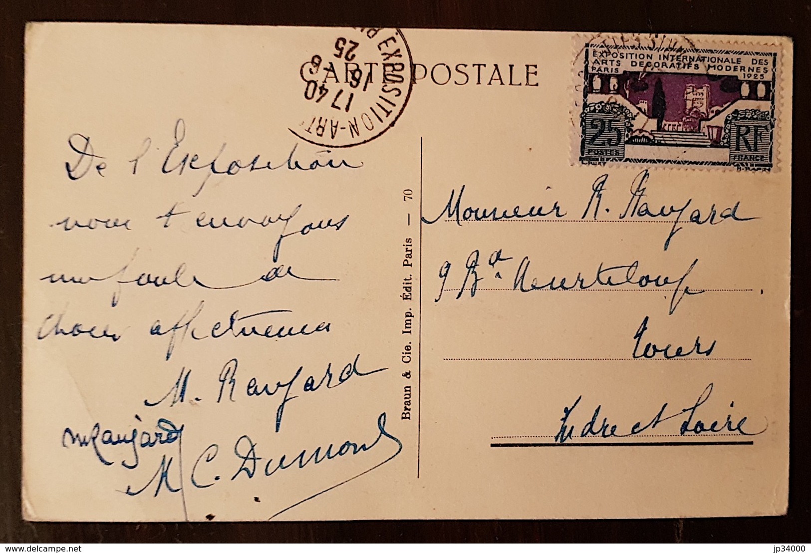 FRANCE Cachet A Date "Exposition Internationale Des Arts Decoratifs PARIS 1925" Sur CP - Timbre 25c YT N°212 - Expositions Philatéliques