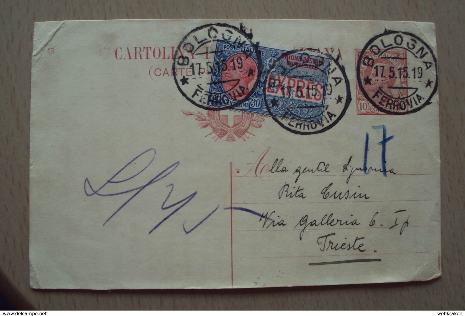 STORIA POSTALE INTERO POSTALE 10 CENT CON FRANCOBOLLO ESPRESSO DA CENT DA BOLOGNA PER TRIESTE - Marcophilia