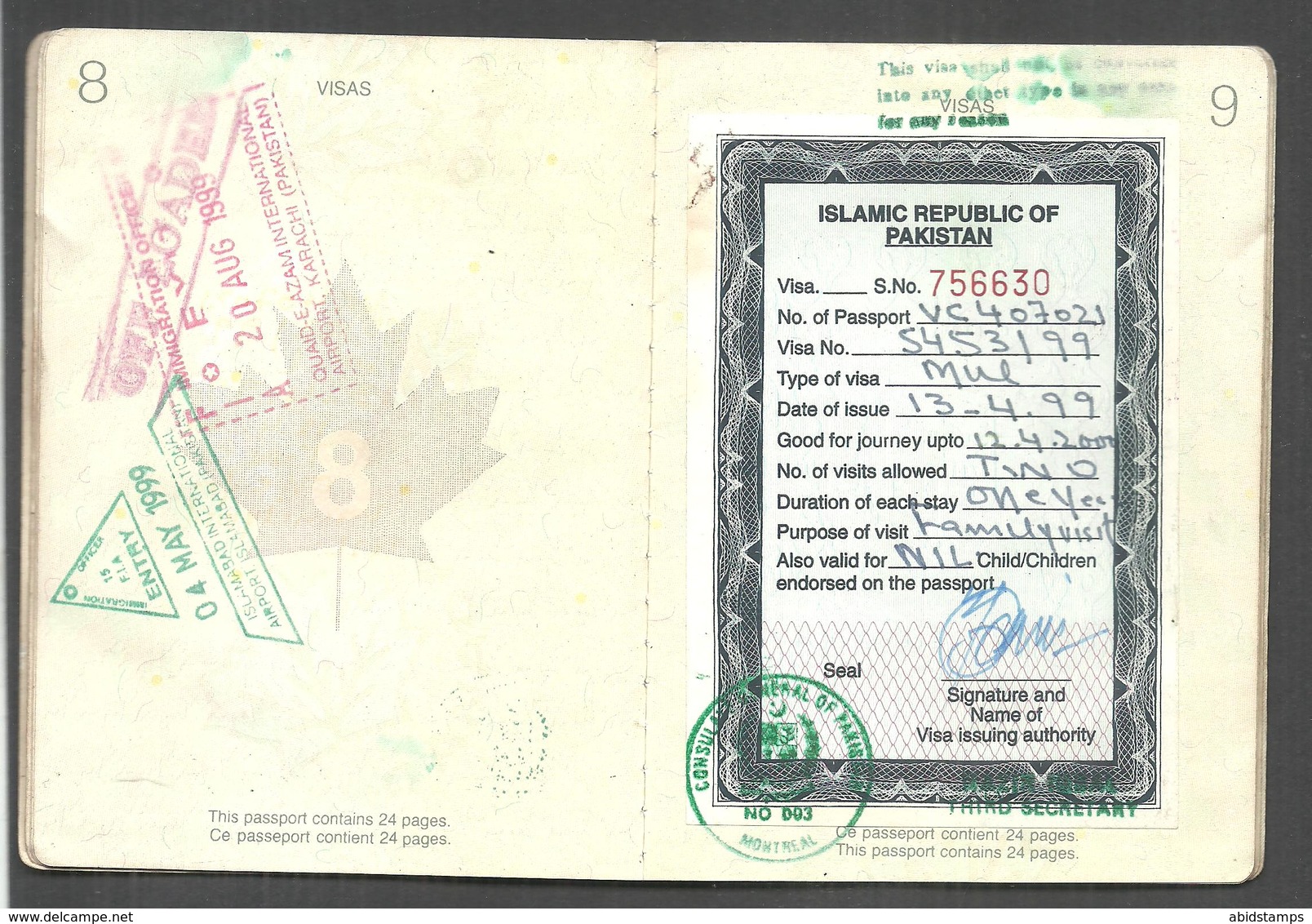 CANADA USED PASSPORT VISA PAKISTAN ON PASSPORT - Altri & Non Classificati