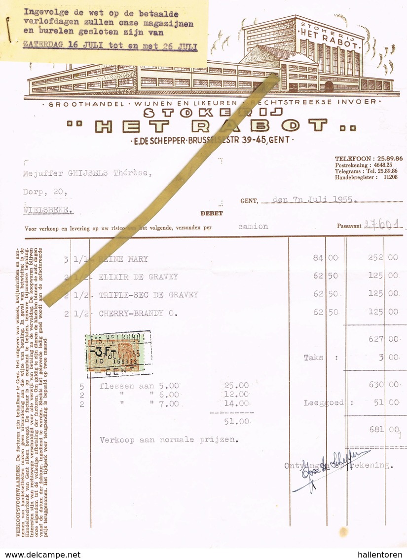 Gent: 1955;  STOKERIJ  "HET RABOT"  ; Groothandel Wijnen En Likeuren - Rechtstreekse Invoer. Brusselstraat 39-45 - 1950 - ...