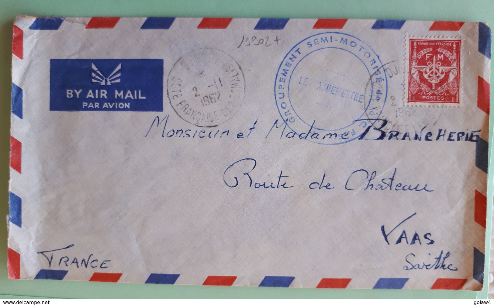 19902# FM FRANCHISE MILITAIRE LETTRE GROUPEMENT SEMI MOTORISE Obl DJIBOUTI COTE FRANCAISE DES SOMALIS 1962 VAAS SARTHE - Lettres & Documents