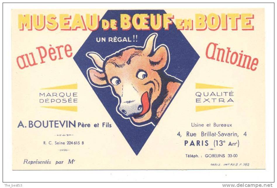 Carte   Publicitaire Museau De Boeuf En Boite "Au Père Antoine"  A. Boutevin 4 Rue Brillat Savarin (Illust. B. Rabier) - Rabier, B.