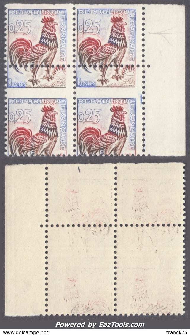 SUPERBE Variété Piquage à Cheval Sur 25c Coq Neuf ** TB Signé CALVES ( Y&T N° 1331, Cote +++€) - 1962-1965 Haan Van Decaris