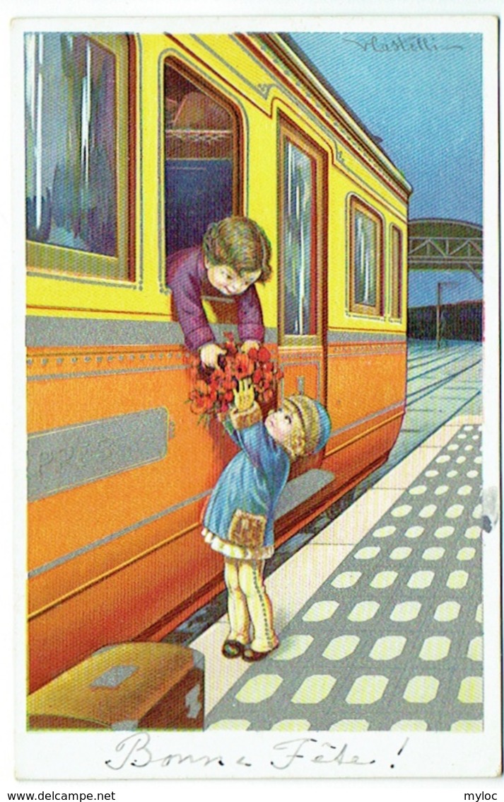 Illustrateur : Castelli. Couple D'Enfants Et Train. - Castelli
