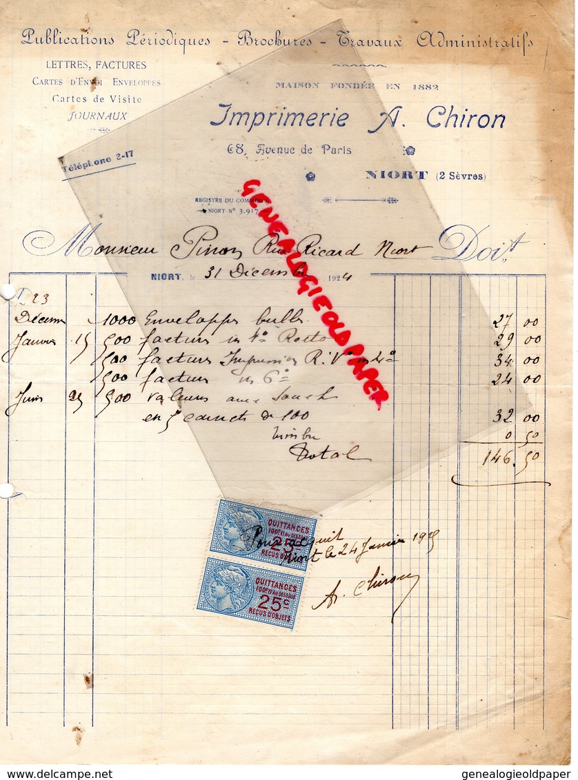 79 - NIORT- RARE FACTURE IMPRIMERIE A. CHIRON- 68 AVENUE DE PARIS- 1924 - Printing & Stationeries