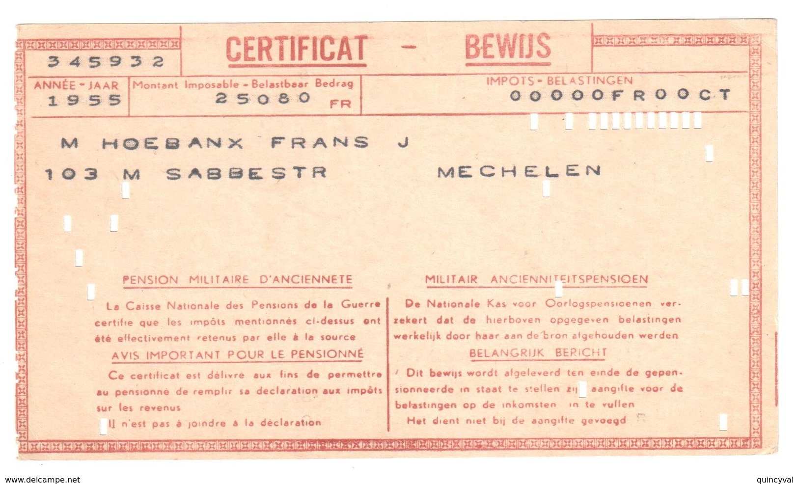 MALINES MECHELEN Belgique 1955 Carte Informatique PERFOREE Montant IMPOSABLE Déclaration Impôt Pension Militaire - 1950 - ...