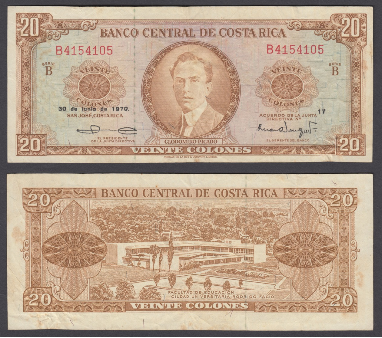 Costa Rica 20 Colones 1970 (VF) Condition Banknote P-231 - Costa Rica