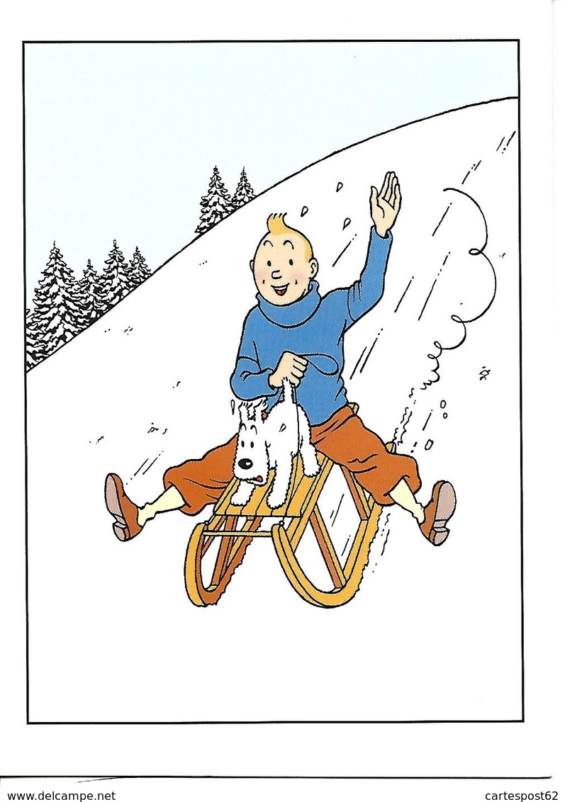 Carte Double Tintin Et Milou. Carte De Noël. Glissade Avec Luge. - Autres & Non Classés