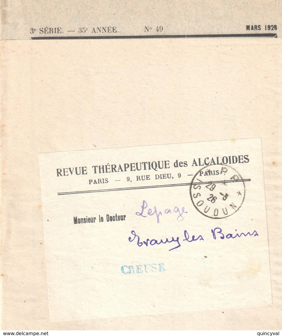 ISSOUDUN Port Payé Indre Revue Thérapeutique Alcaloïdes Ob P.P Issoudun Ob 29 3 1926 Dest Evaux Creuse - Manual Postmarks