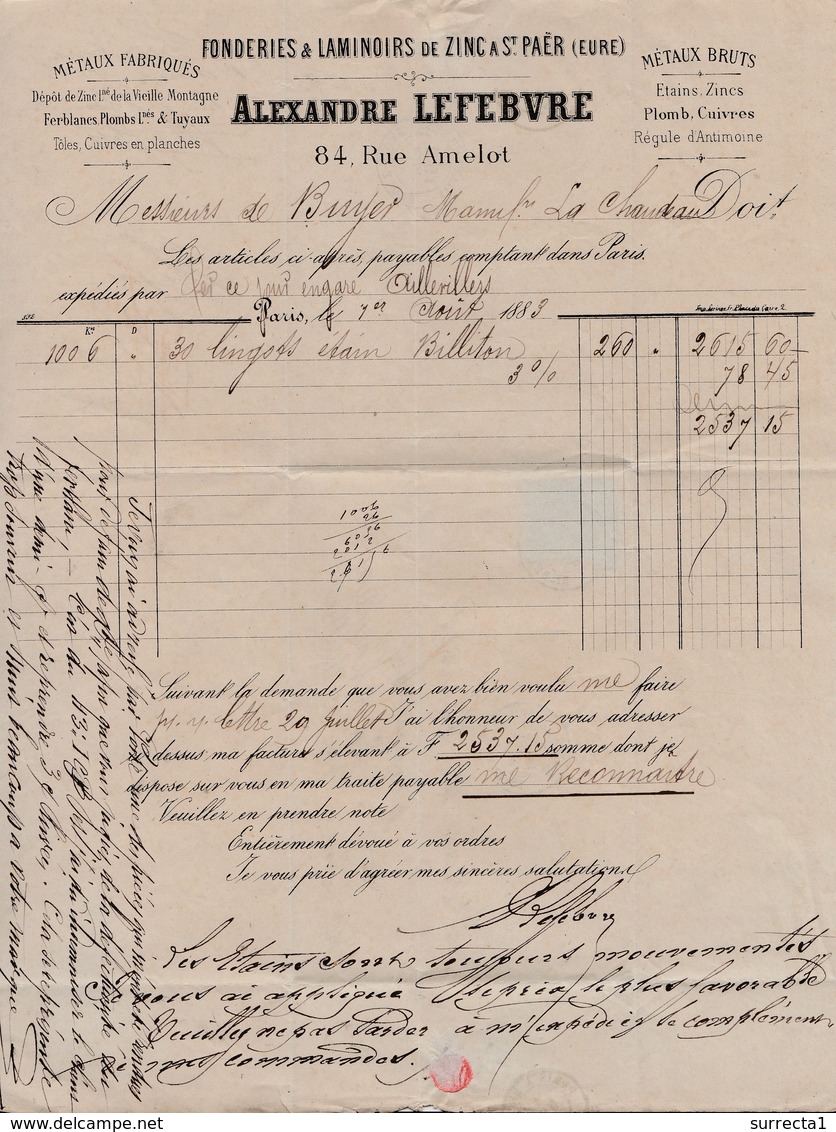 Lettre Facture 1883 / Alexandre LEFEBVRE / Fonderie Zinc St Paër 27 Eure / 84 Rue Amelot / 75 Paris - 1800 – 1899