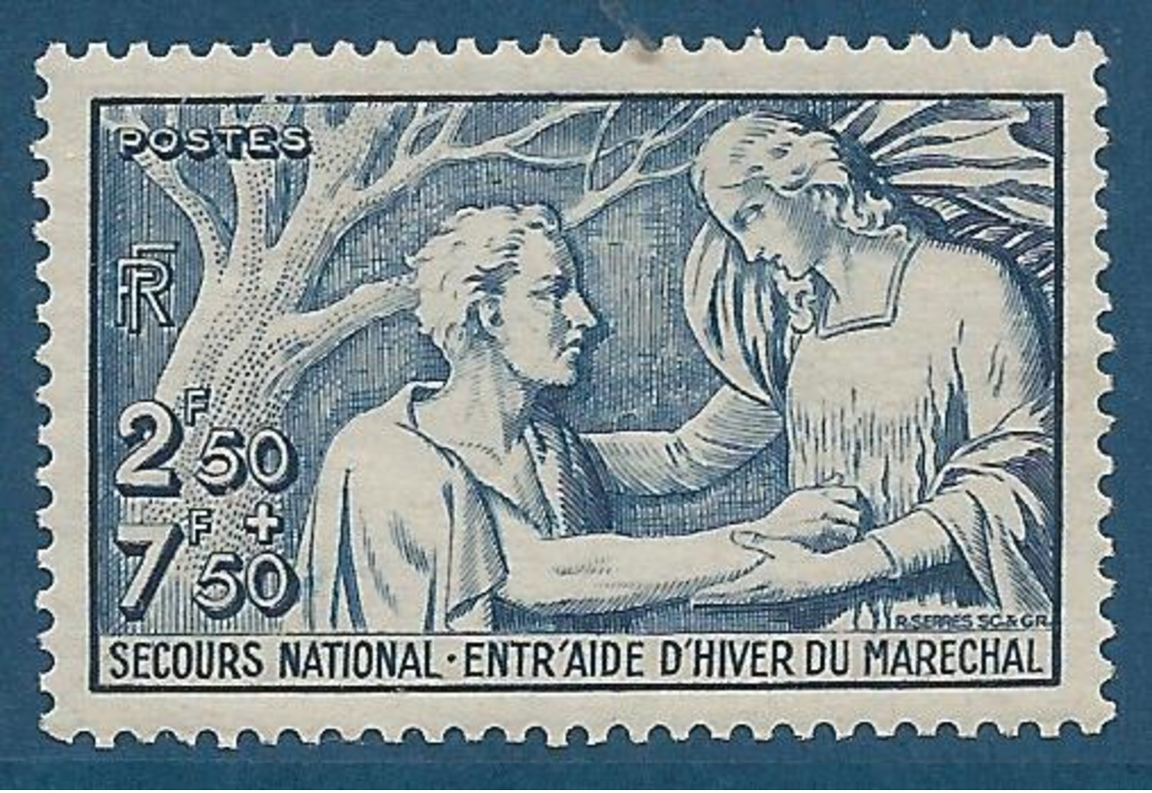 FRANCE 1941 - YT N°498 - 2 F. 50 + 7 F. 50 Bleu - Au Profit Du Secours National - Neuf** - TTB Etat - Neufs