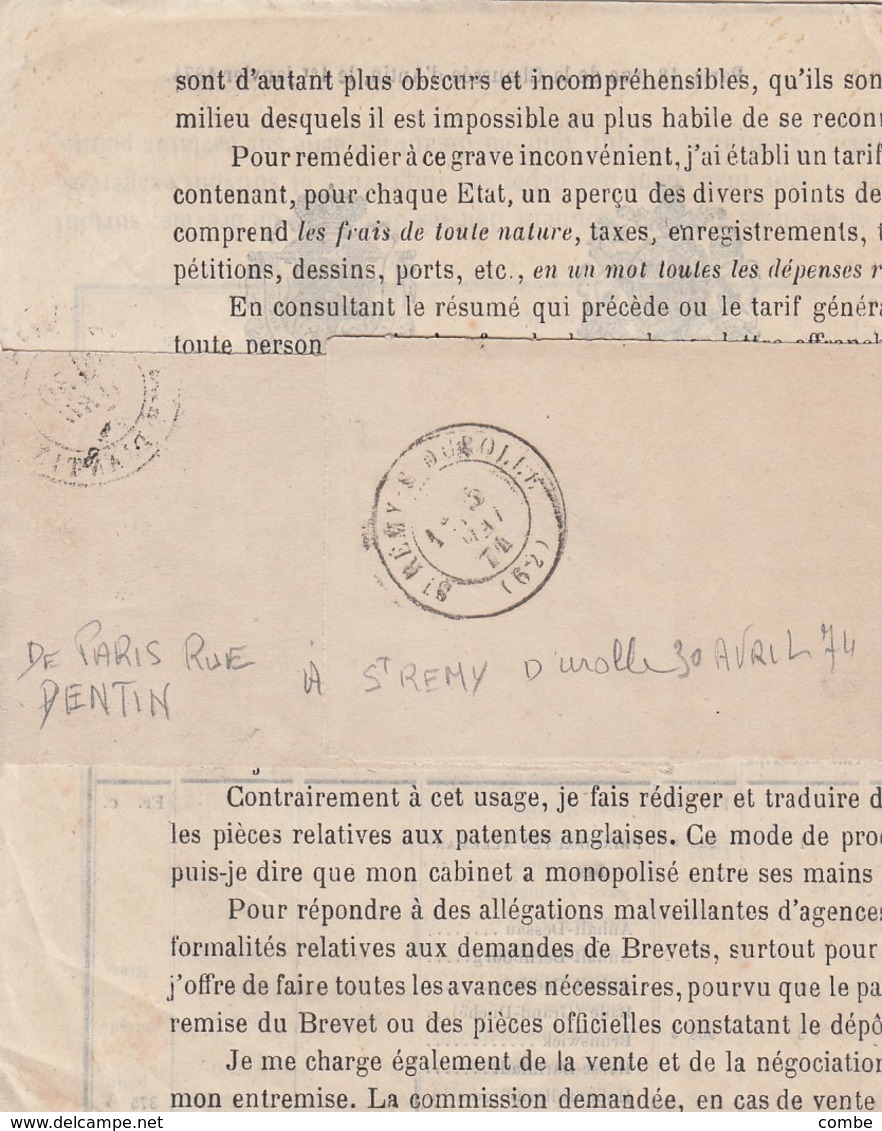 IMPRIMÉ. PARIS  POUR  ST REMY DUROLLE. 30 AVRIL 74. TARIF A 2c DU 1° SEPT 70. N° 51 . AGENCE CENTRALE DES BREVETS D' / 4 - 1849-1876: Periodo Clásico