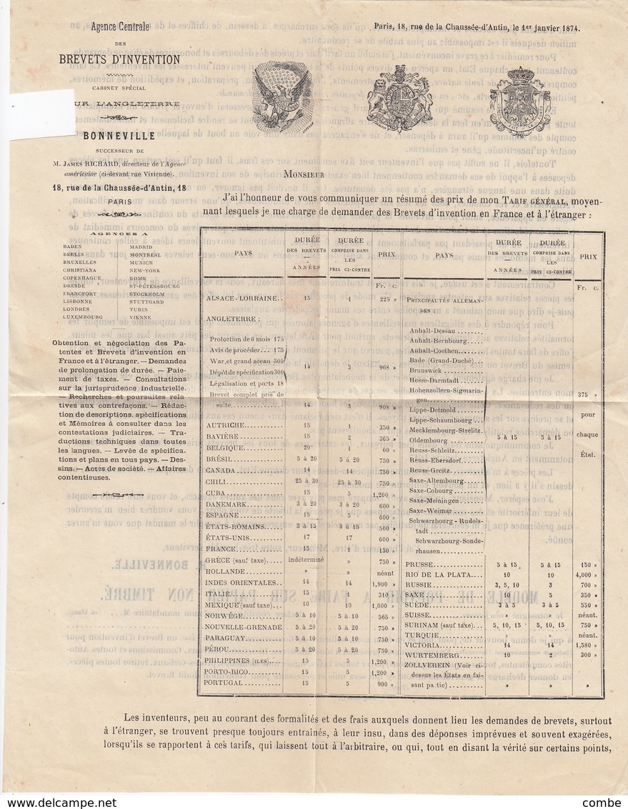 IMPRIMÉ. PARIS  POUR  ST REMY DUROLLE. 30 AVRIL 74. TARIF A 2c DU 1° SEPT 70. N° 51 . AGENCE CENTRALE DES BREVETS D' / 4 - 1849-1876: Periodo Clásico