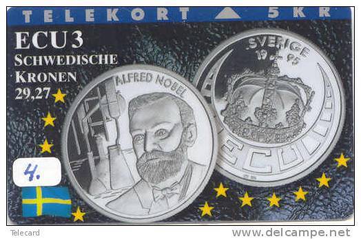 Denmark TELECARTE ECU SWEDEN (4) PIECES ET MONNAIES MONNAIE COINS MONEY PRIVE 700 EX ALFRED NOBEL - Stamps & Coins