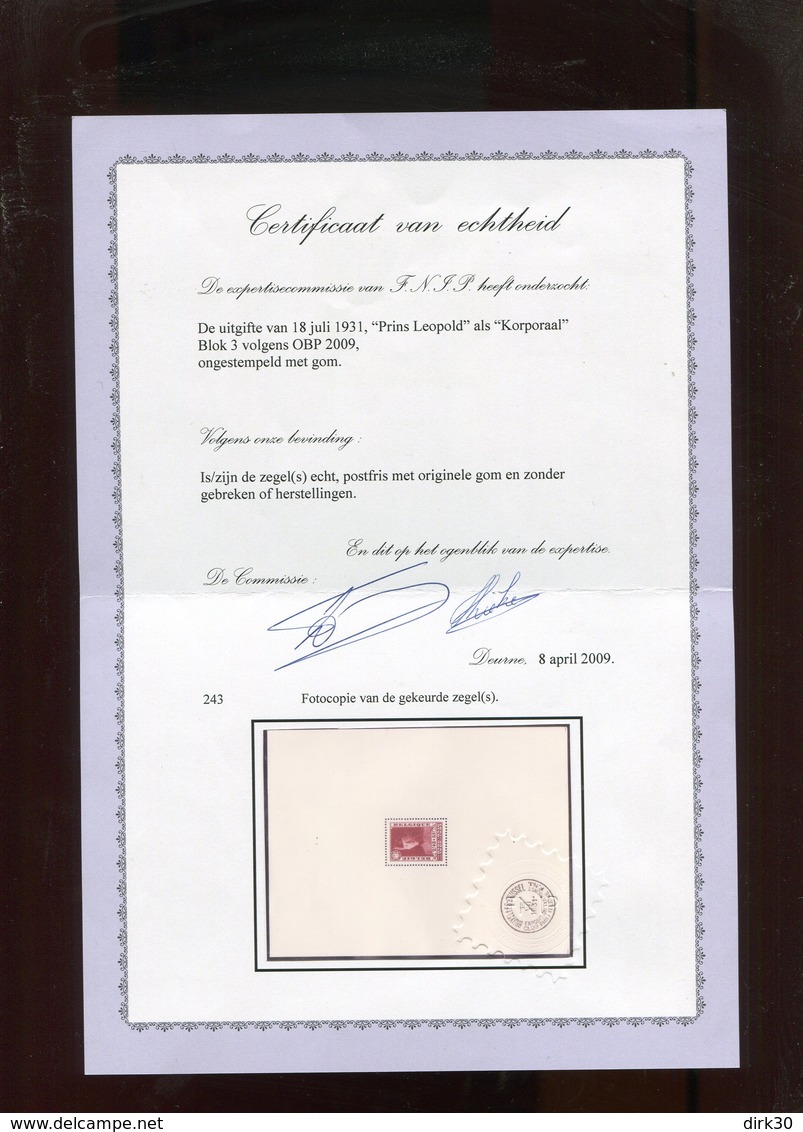 Belgie BL3  MNH OCB 775€ (nice MNH + Certificate 2009 -  Zie Scan) - 1924-1960