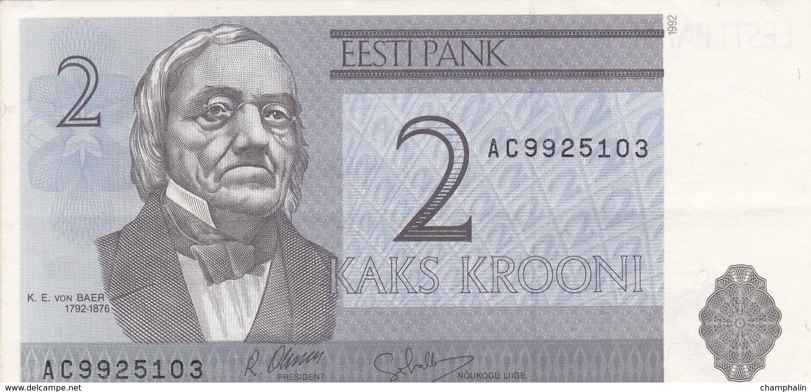 Estonie - Billet De 2 Krooni - K. E. Von Baer - 1992 - Estonie