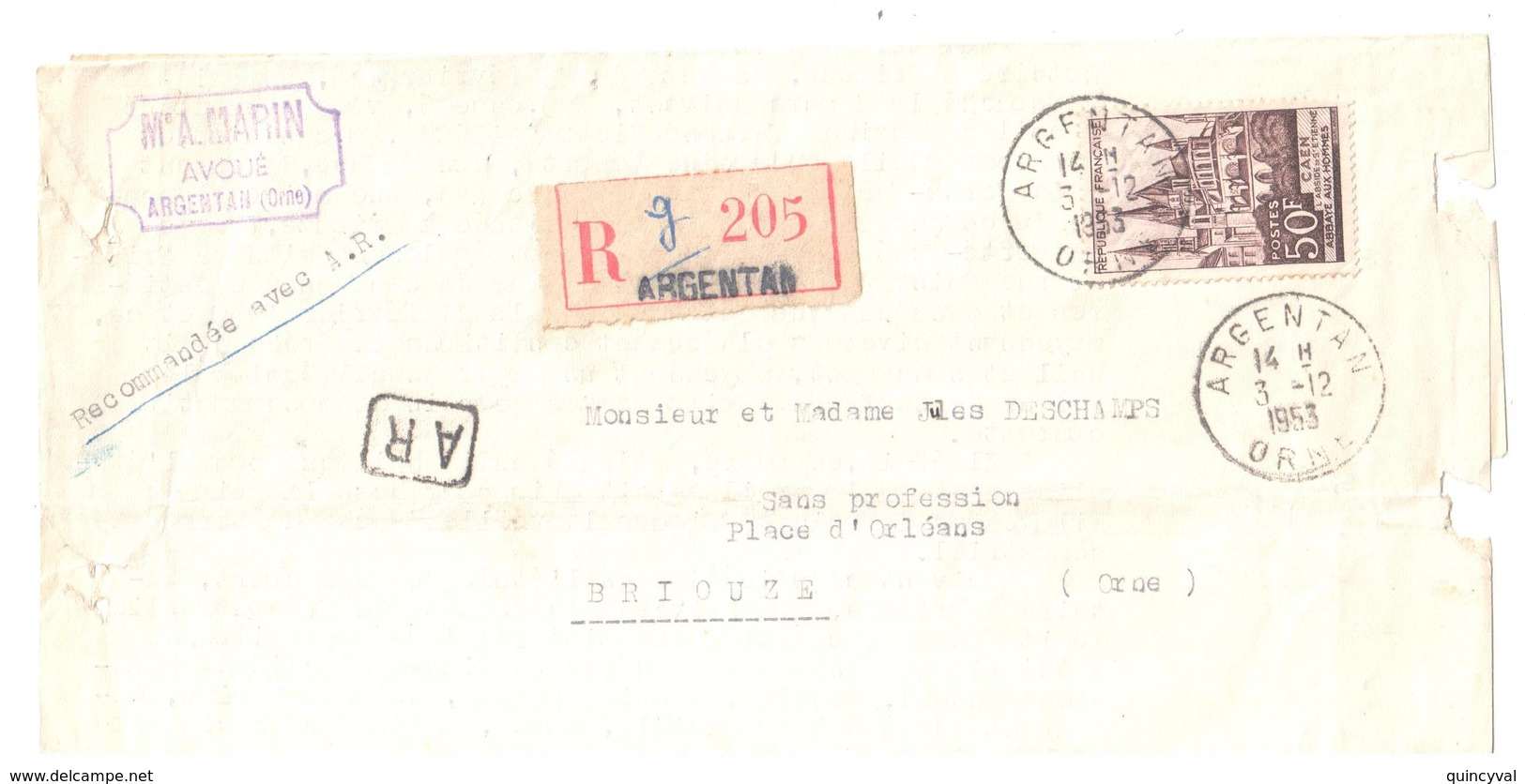 ARGENTAN Orne Lettre Recommandée Avec AR (feuille Pliée Sans Enveloppe) Ob 3 12 1953 Abbaye Caen Yv 917 - Storia Postale