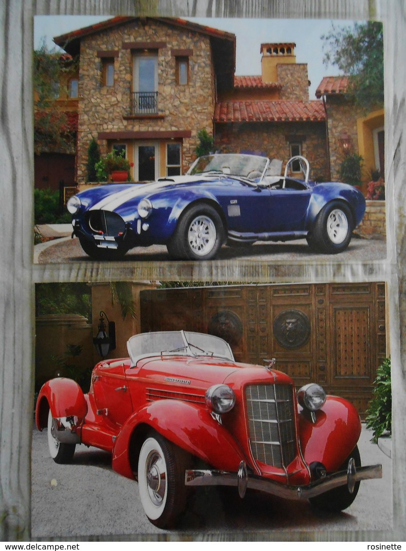 2 Grandes Repro Cartonnées Et Plastifiées : Automobile AC COBRA BLUE 1966 + AUBURN BOATTAIL SPEEDSTER RED 1935 - Automobile