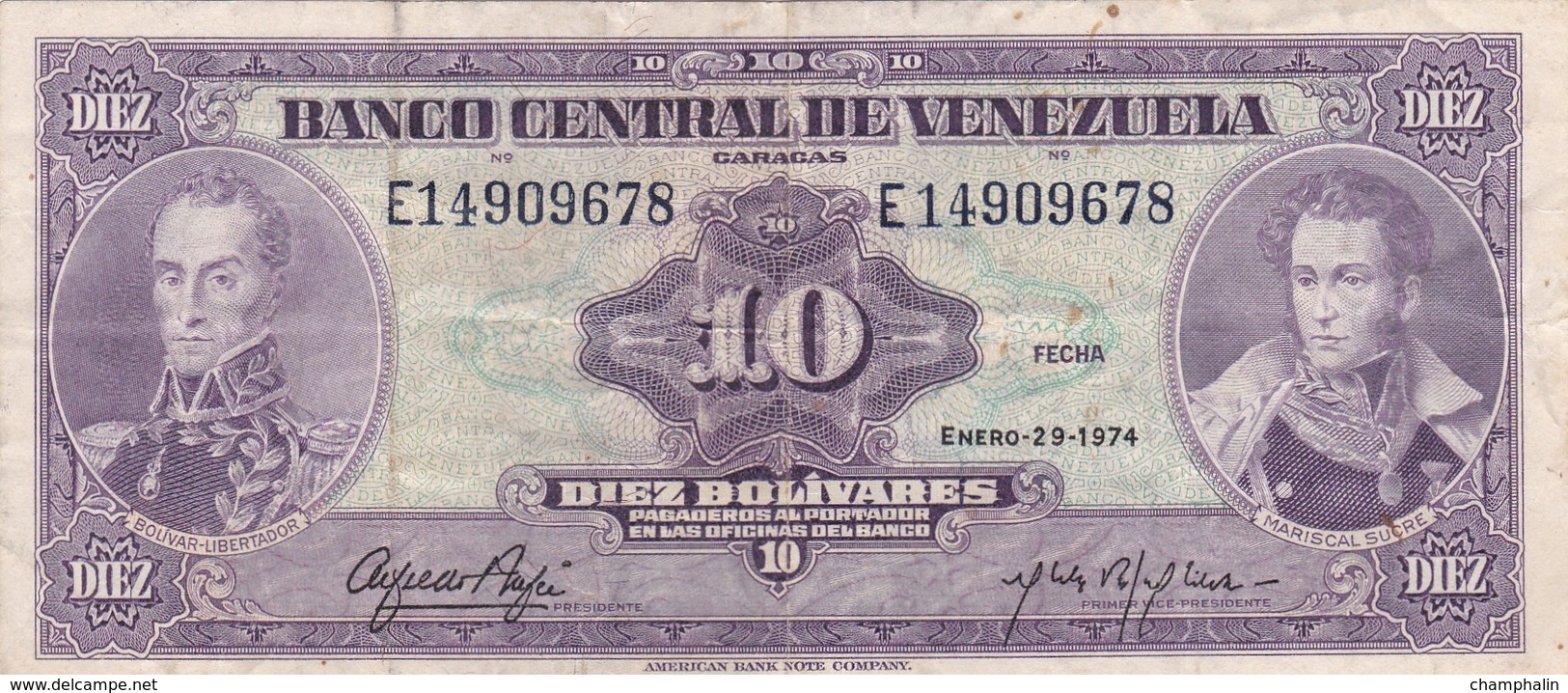 Venezuela - Billet De 10 Bolivares - 29 Janvier 1974 - Bolivar - Sucre - Venezuela