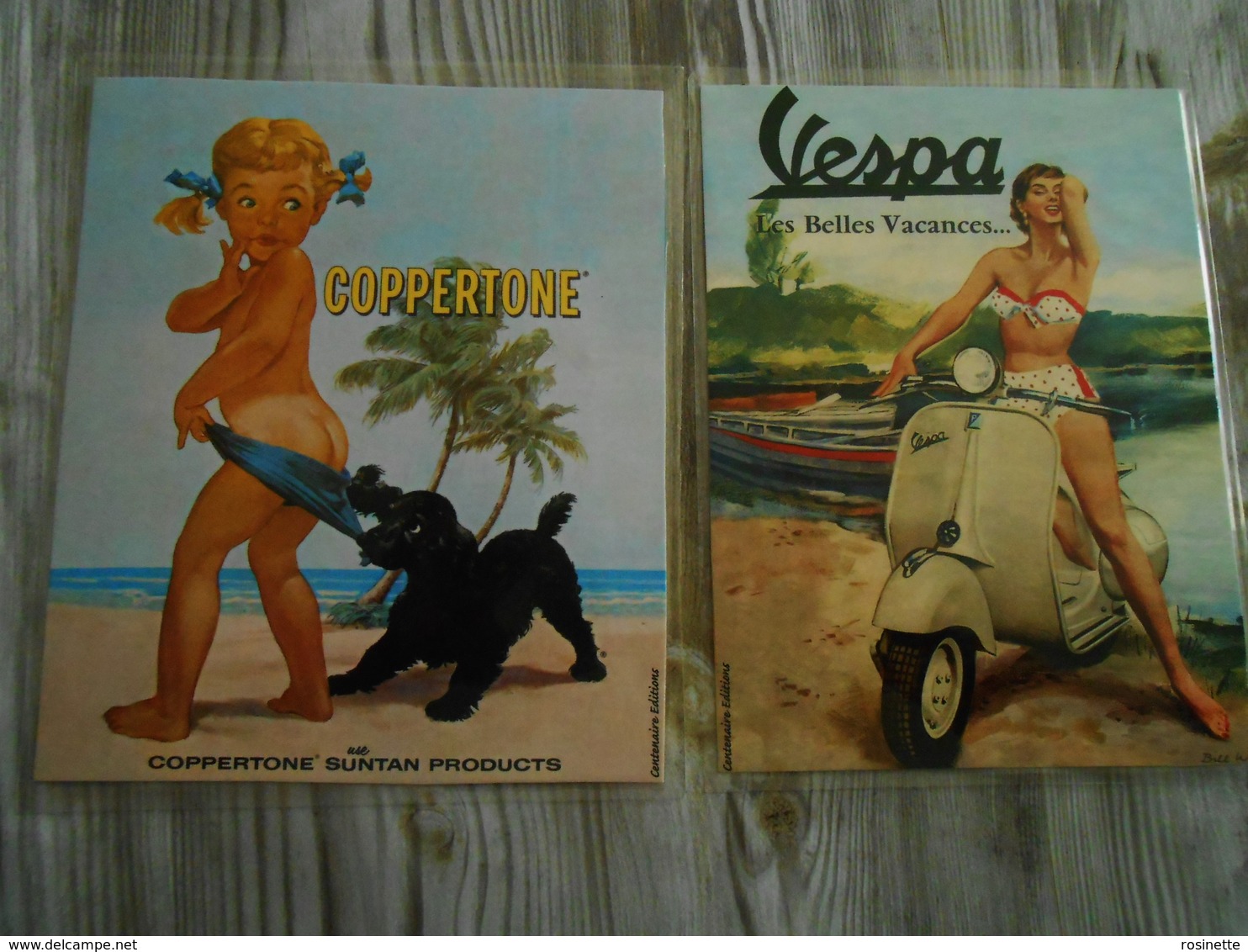 2 Repro  Cartonnées Et Plastifiées  -PUBLICITE  / COPPERTONE SUNTAN +  VESPA  Années 50/60 - Autres & Non Classés