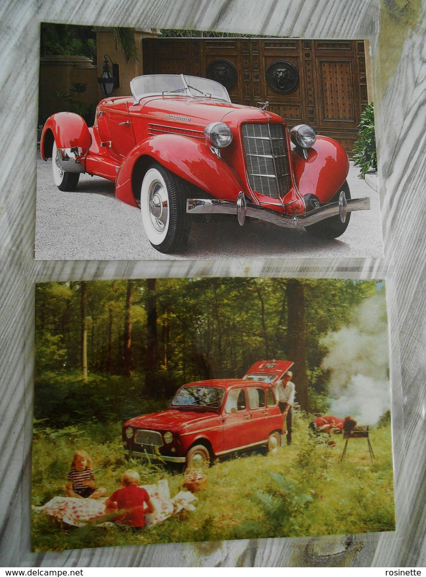 2 Grandes Repro Cartonnées Et Plastifiées : AUBURN BOATTAIL SPEEDSTER RED 1935  + RENAULT 4L Rouge - Auto's