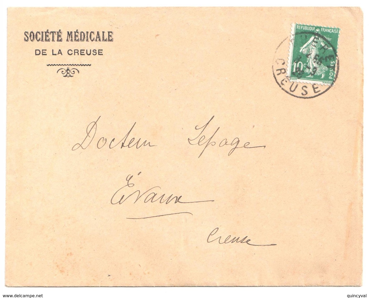 GUERET Creuse Imprimé Urgent De Moins De 50 G Ob 8 3 1925 Env Entête StéMédicale De La Creuse Semeuse 5c Vert Yv 159 - Storia Postale