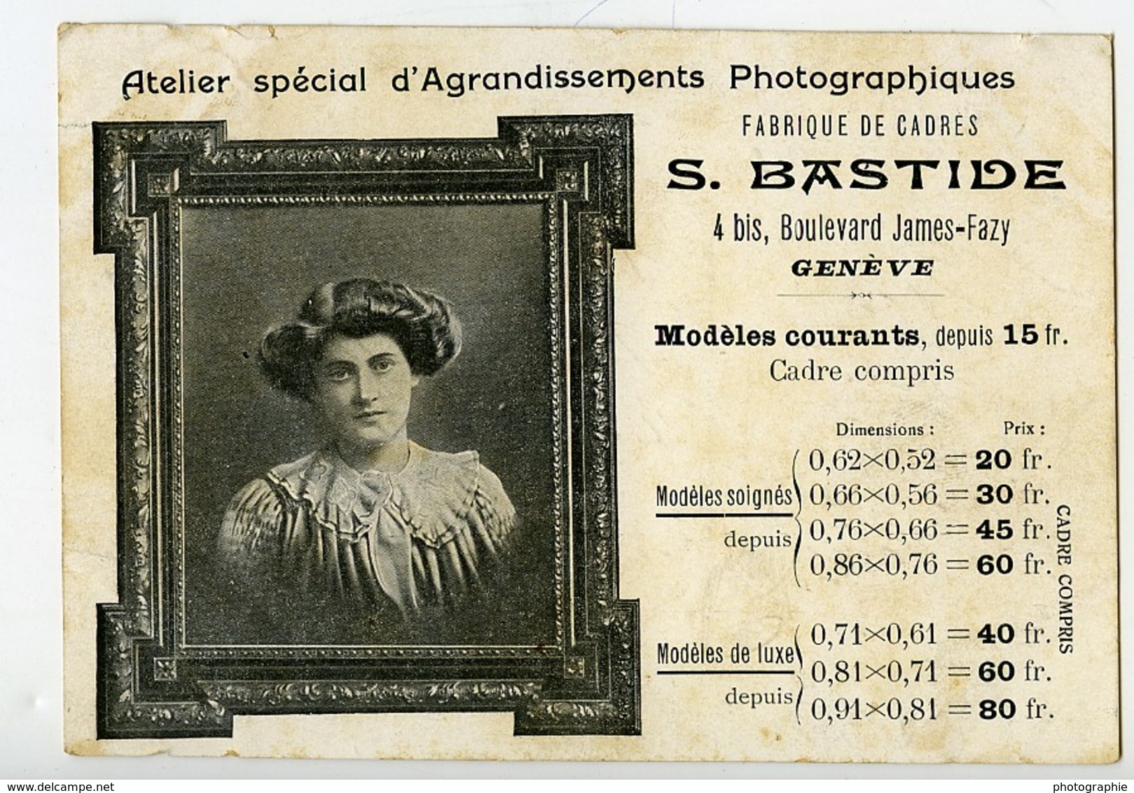 Suisse Geneve Carte Postale Publicitaire Photographe Bastide 1909 - Sonstige & Ohne Zuordnung