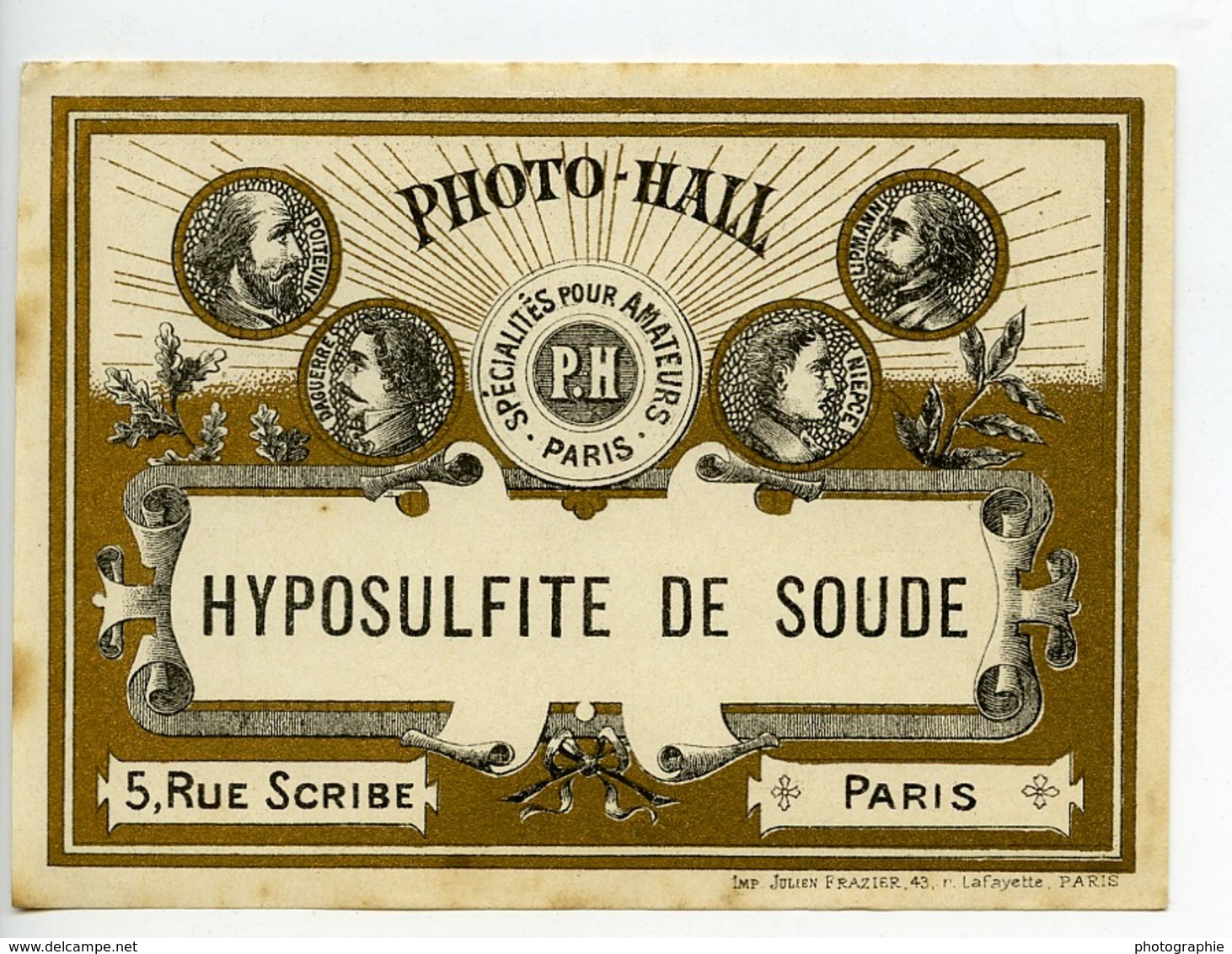 France Etiquette Hyposulfite De Soude Produits Photographique Photo Hall 1880 - Zonder Classificatie