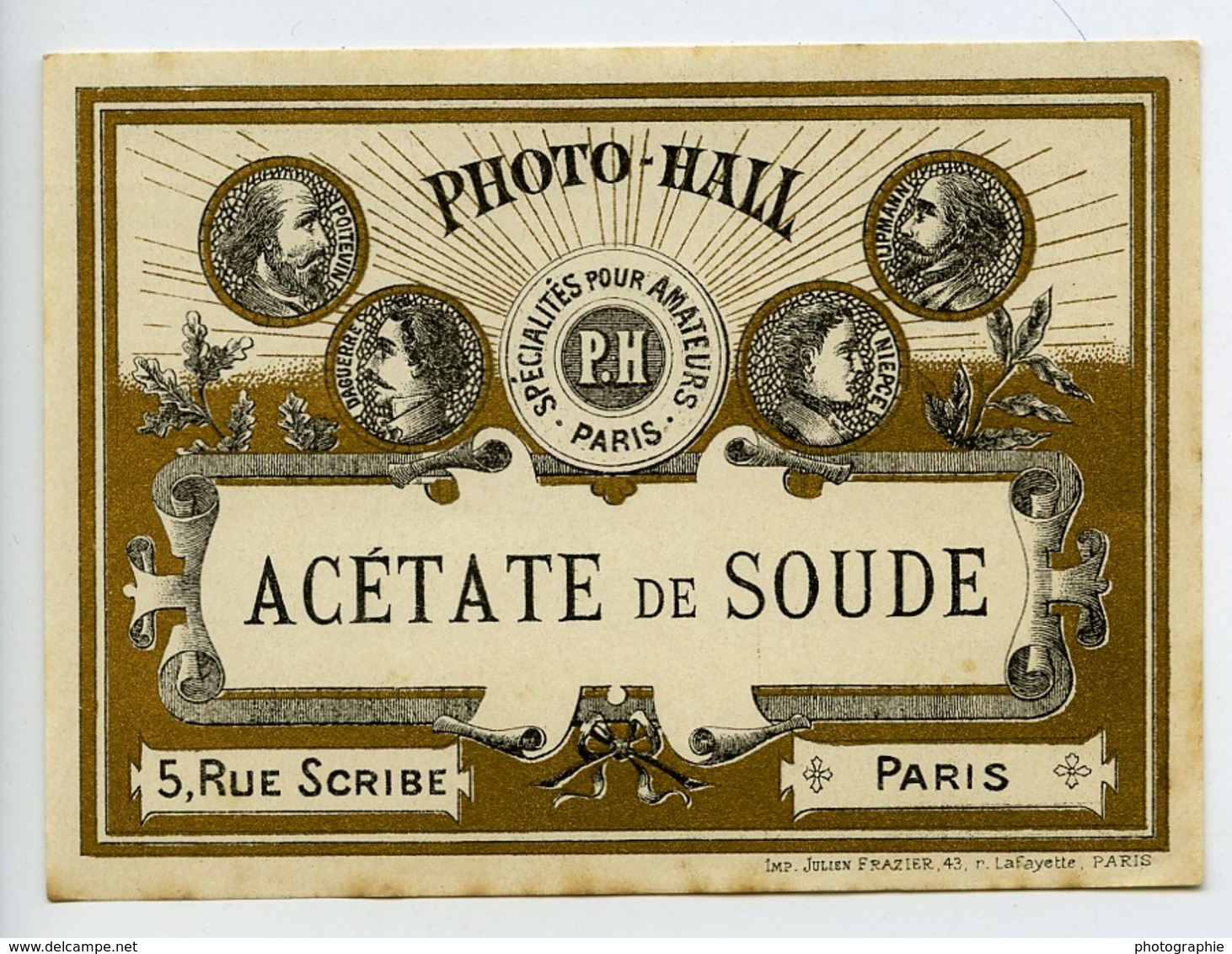 France Etiquette Acétate De Soude Produits Photographique Photo Hall 1880 - Unclassified