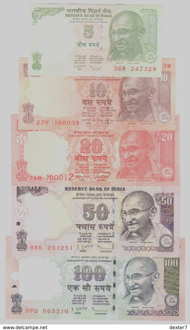 India 5 10 20 50 100 Rupie Rupee 2010-2018 Signatures Subbarao, Rajan, Patel - UNC FDS 5 Pcs Set - India