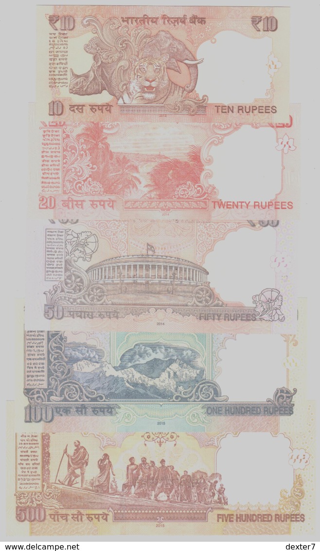 India 10 20 50 100 500 Rupie Rupee 2013-2015 - All Signature Rajan - UNC FDS 5 Pcs Set - India