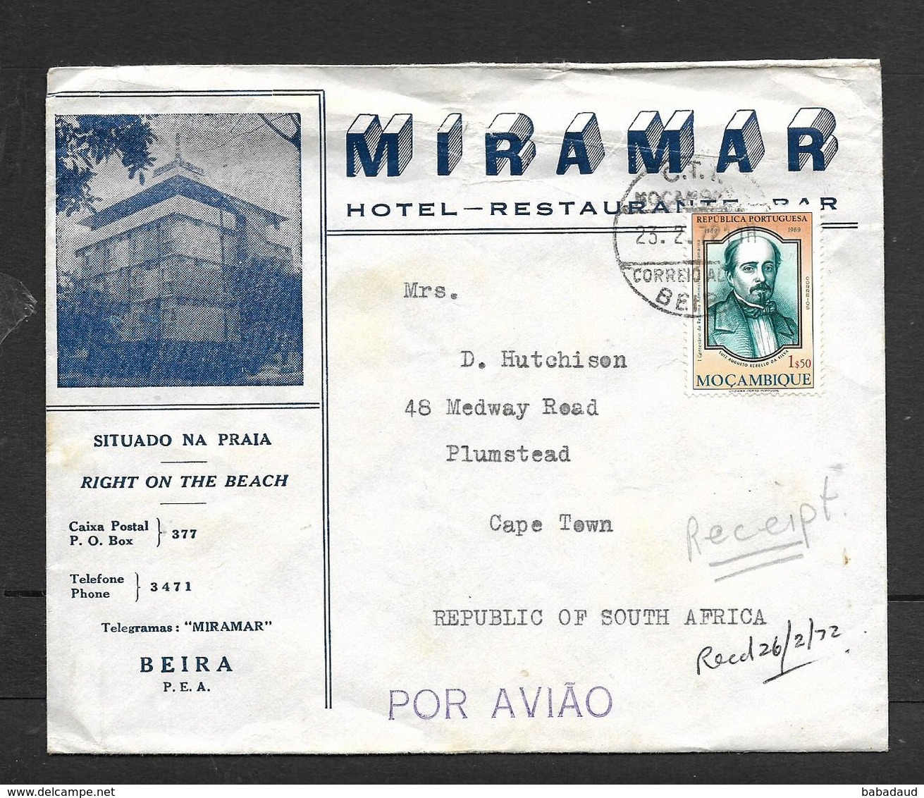 Mozambique, Hotel Miramar, Beira, BEIRA 23.2.72 , 1$50 Air Mail > S.Africa. - Mozambique