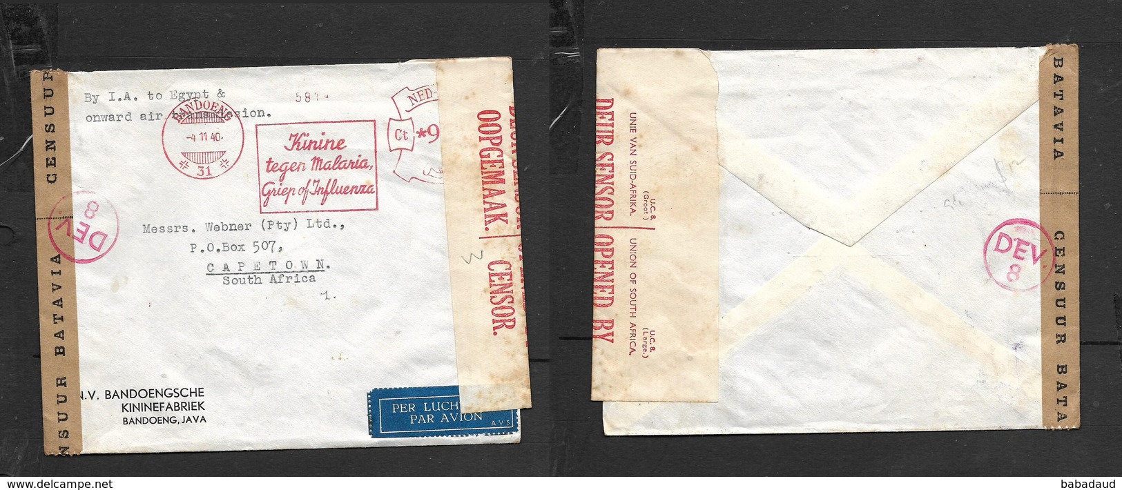 Netherlands Indies, Air Mail, 96c Meter Frank, BANDOENG4.11.40 > S.Africa, Batavia & S.Africa Censor Labels - Netherlands Indies