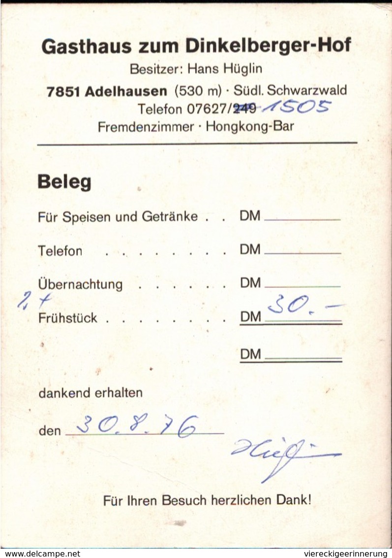 ! Hotelkarte Adelhausen, Gasthaus Zum Dinkelberger Hof, Schwarzwald, 1976 - Rheinfelden