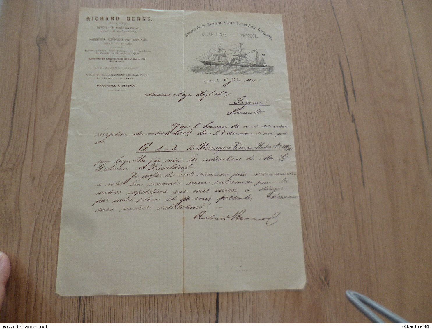 Lettre à En Tête Illustrée Richard Berns Anvers 07/06/1875 Verdet Allan Lines Montreal Ocean Steam Ship Company - Verkehr & Transport