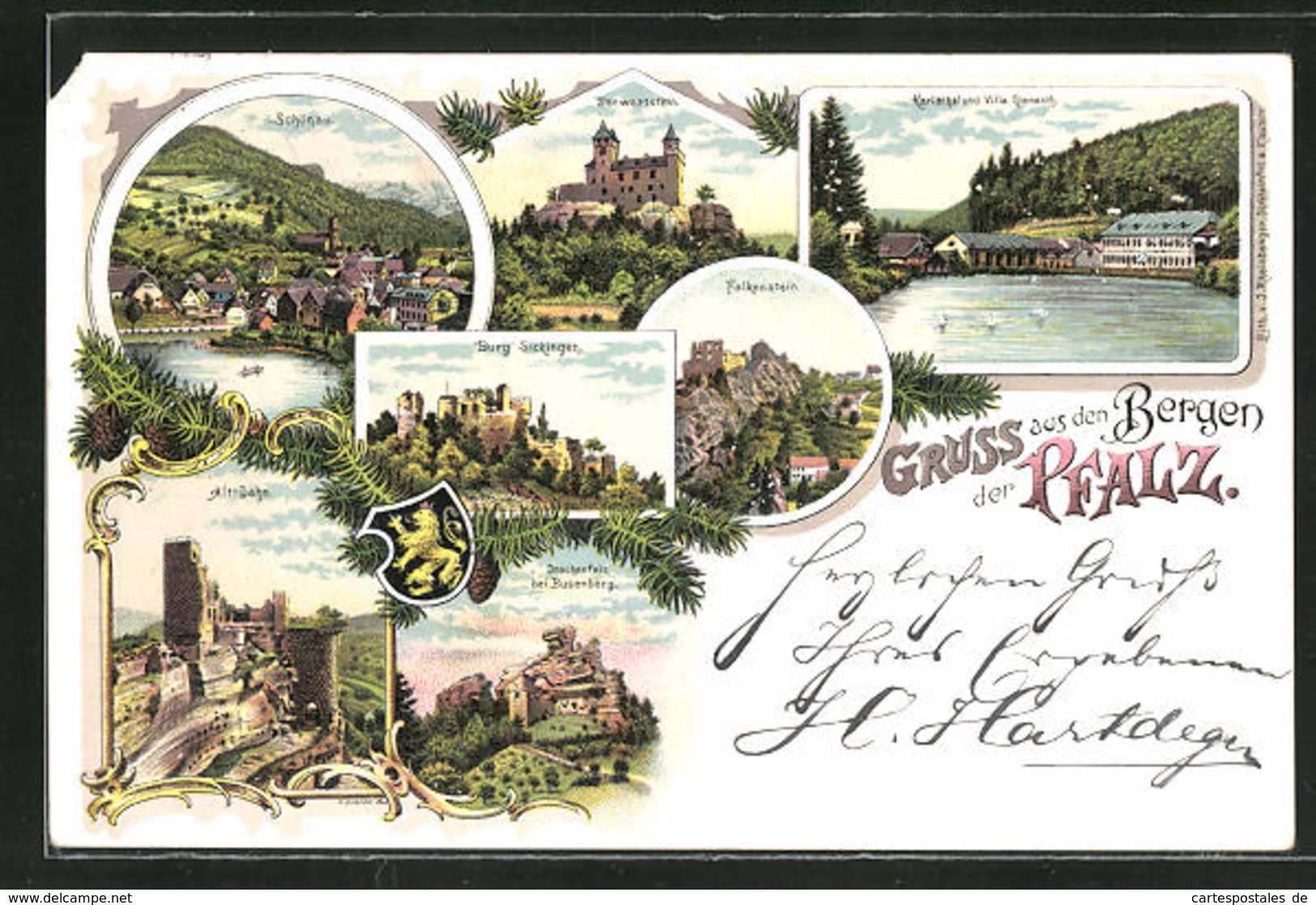 Lithographie Dahn, Burg Sickingen, Bergwartstein, Schönau Und Villa Gienanth - Dahn