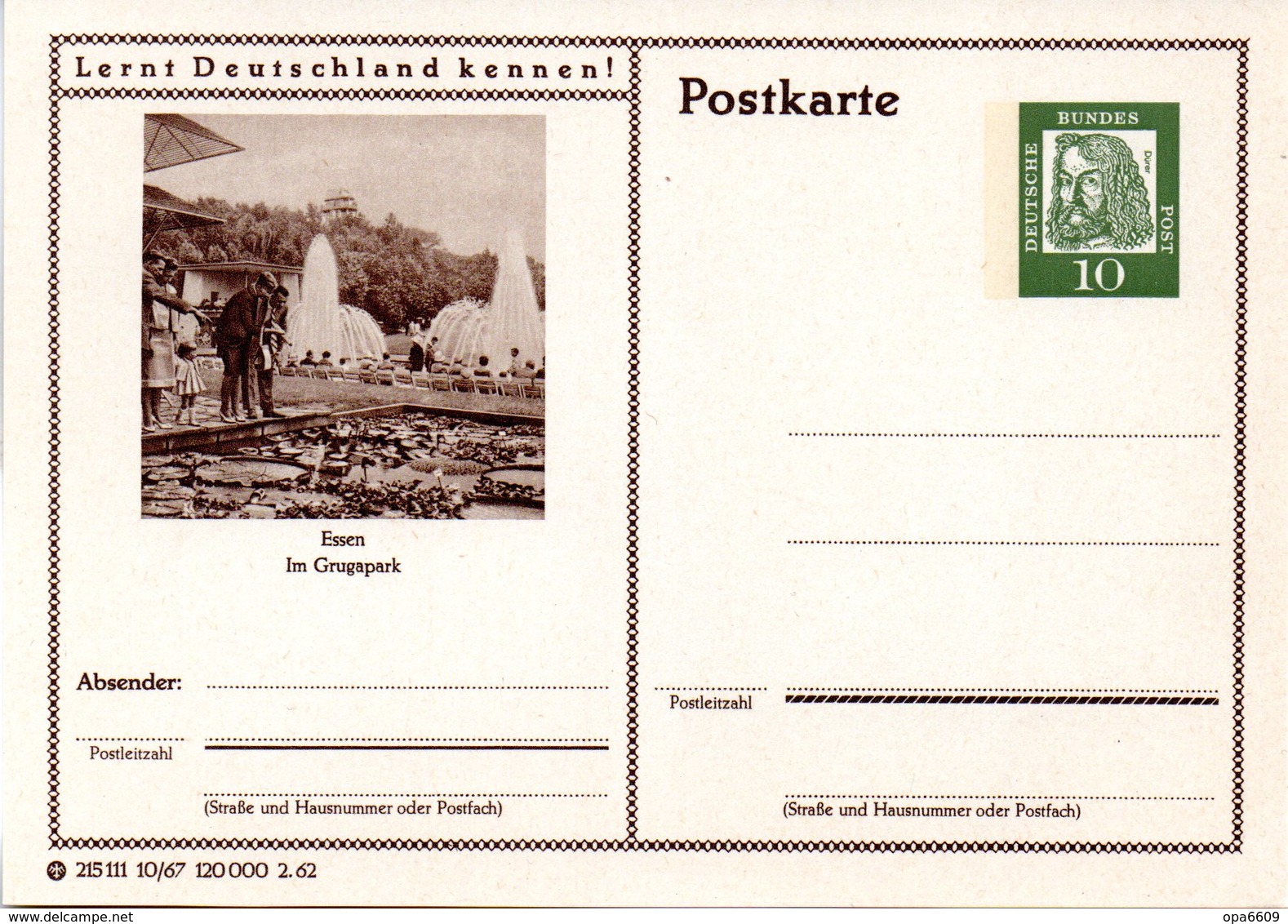 BRD Bildpostkarte "Lernt Deutschland Kennen!" Wz 10(Pf) Albrecht Dürer, Grün, P72 215111 10/67 "Essen, Ungebraucht - Cartoline Illustrate - Nuovi