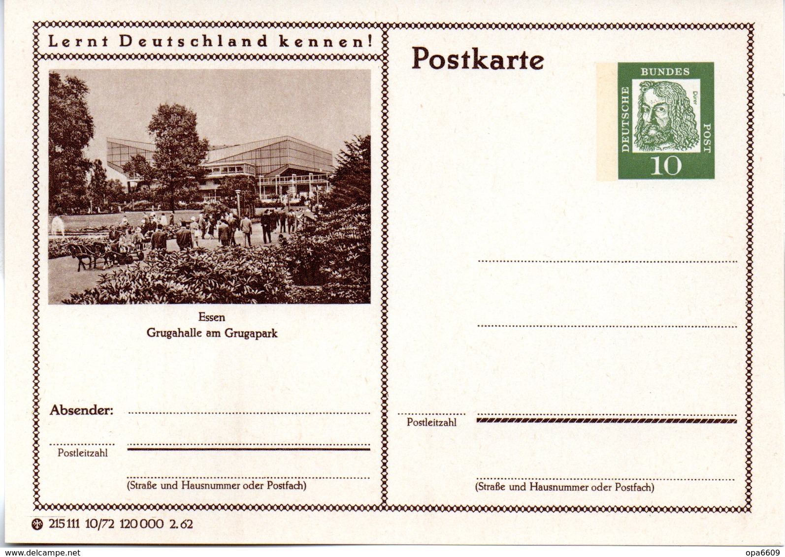 BRD Bildpostkarte "Lernt Deutschland Kennen!" Wz 10(Pf) Albrecht Dürer, Grün, P72 215111 10/72 "Essen, Ungebraucht - Cartoline Illustrate - Nuovi