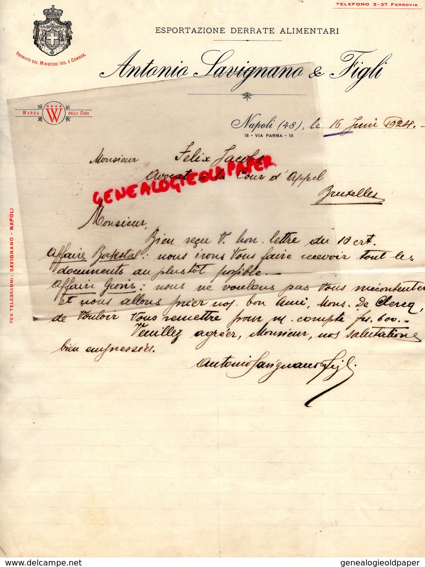 ITALIE- NAPOLI 18 VIA PARMA- RARE LETTRE MANUSCRITE SIGNEE ANTONIO SAVIGNANO & FIGLI- ESPORTAZIONE DERRATE ALIMENTARI- - Italy