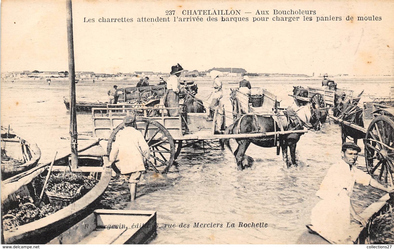 17-CHATELAILLON- AUX BOUCHOLEURS , LES CHARRETTES ATTENDANT L'ARRIVEE DES BARQUES POUR CHARGER LES PANIERS DE MOULES - Châtelaillon-Plage