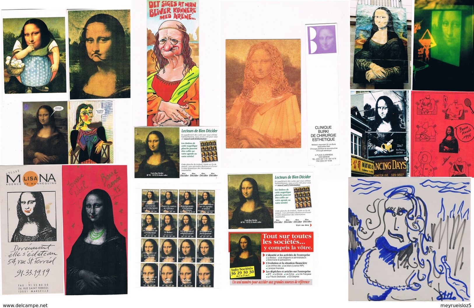 LA JOCONDE DE LEONARD DE VINCI. MONA LISA. Lot De Cartes, Publicité, Dessins, Coupures De Journaux, Timbres Etc. 9 Scans - Otros & Sin Clasificación