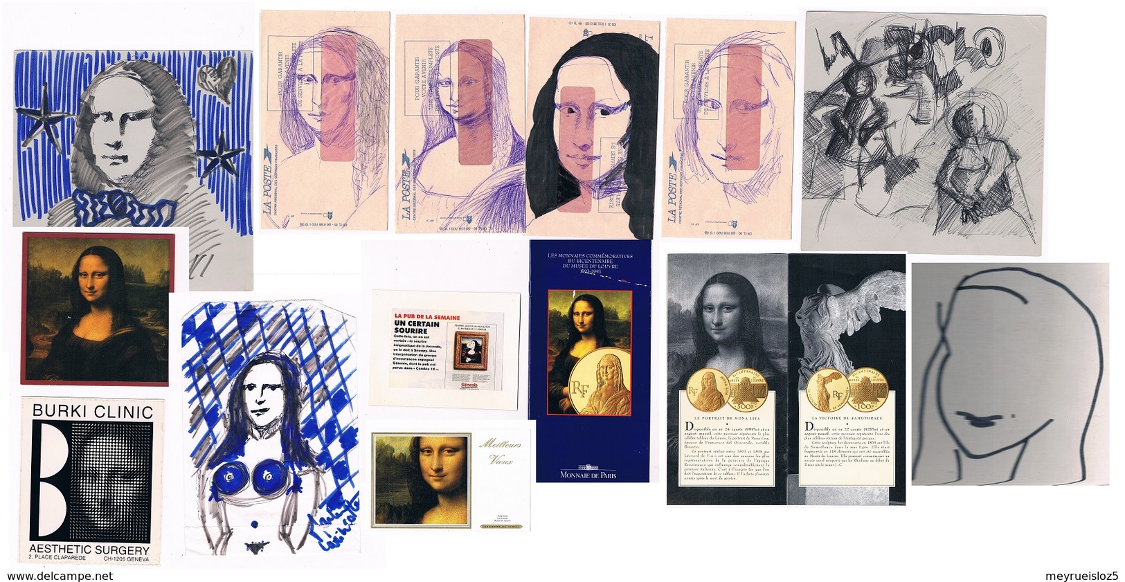 LA JOCONDE DE LEONARD DE VINCI. MONA LISA. Lot De Cartes, Publicité, Dessins, Coupures De Journaux, Timbres Etc. 9 Scans - Otros & Sin Clasificación