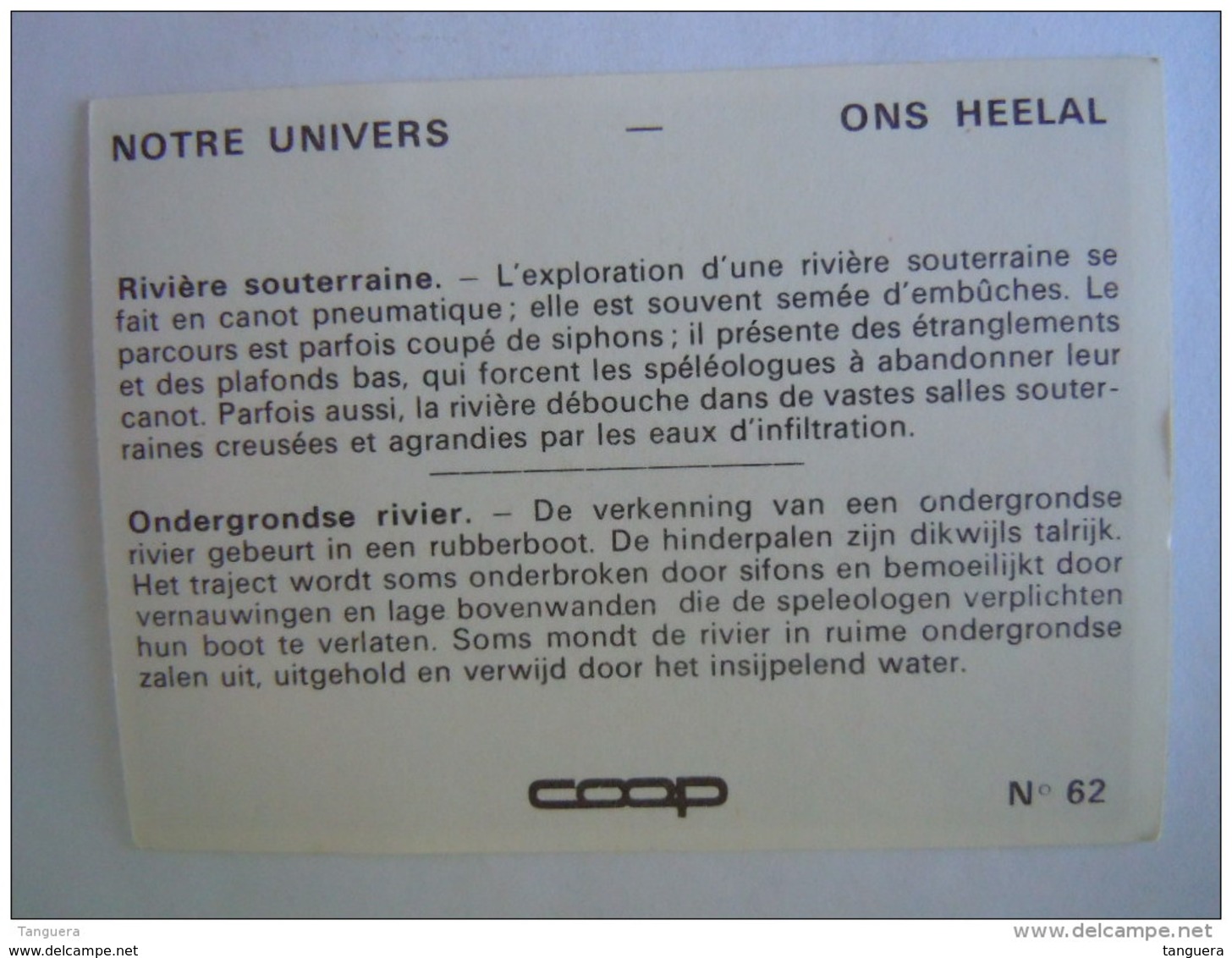 Chromo Chocolat Coop Notre Univers N° 62 Rivière Sousterraine Ondergrondse Rivier - Autres & Non Classés