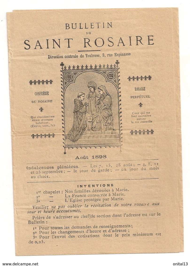 1898 BULLETIN DU SAINT ROSAIRE  / DIRECTION CENTRALE TOULOUSE  / RELIGION   B483 - Religion & Esotérisme