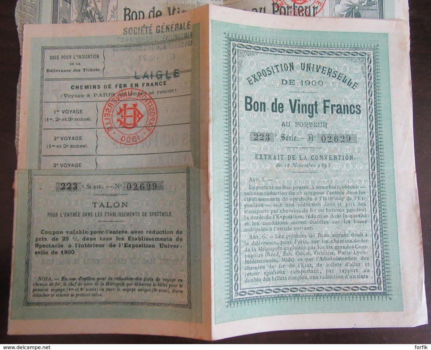 France - Lot De 3 Bons De Vingt Francs Au Porteur De L'Exposition Universelle De 1900 - TBE - Bons & Nécessité