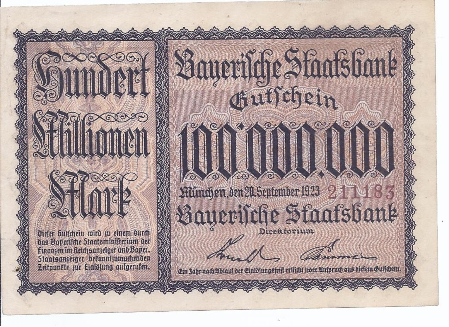 München Bayerische Staatsbank - Hundert Millionen Mark A. 1923  -   AK-13.414 - [11] Emissioni Locali