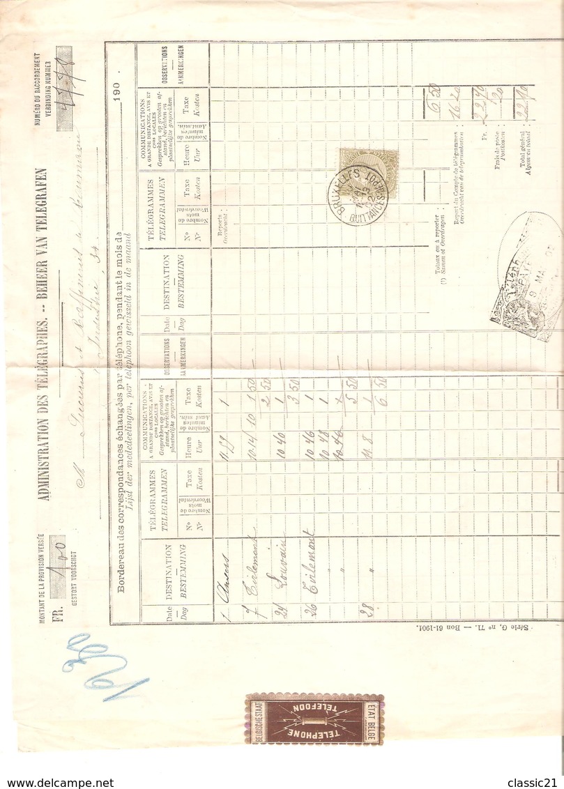 2537/ TP 59 FB S/Document Administration Des Télégraphes C.BXL Quittances-Dépôt 10/9/1902 + C.Télégraphes BXL 9/5/02 - 1893-1900 Thin Beard