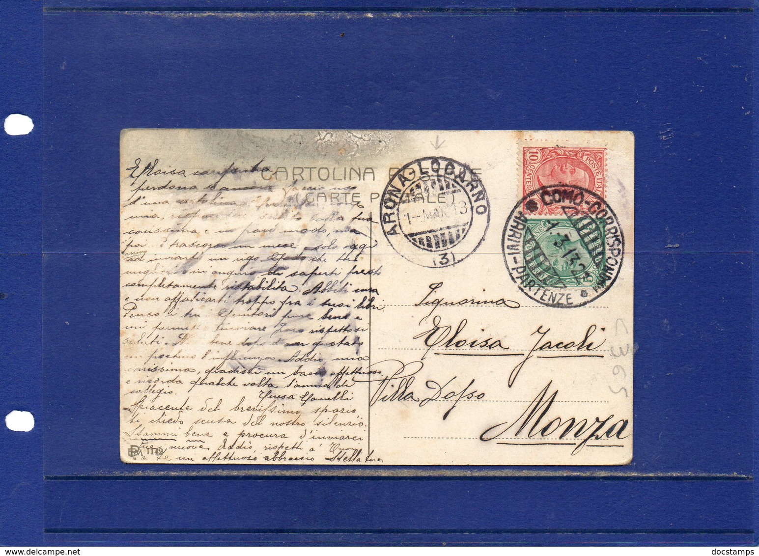 ##(DAN1811)-1913-Annullo Natante Arona-Locarno Su Cartolina Pallanza Per Monza - Marcofilía