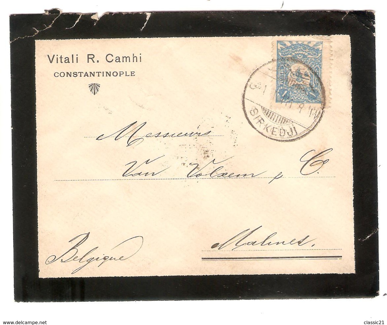 2538/ Mourning Cover Vitali R.Camhi Constantinople 1905 Sirkedji To Belgium Malines Arrival Cancellation - Lettres & Documents